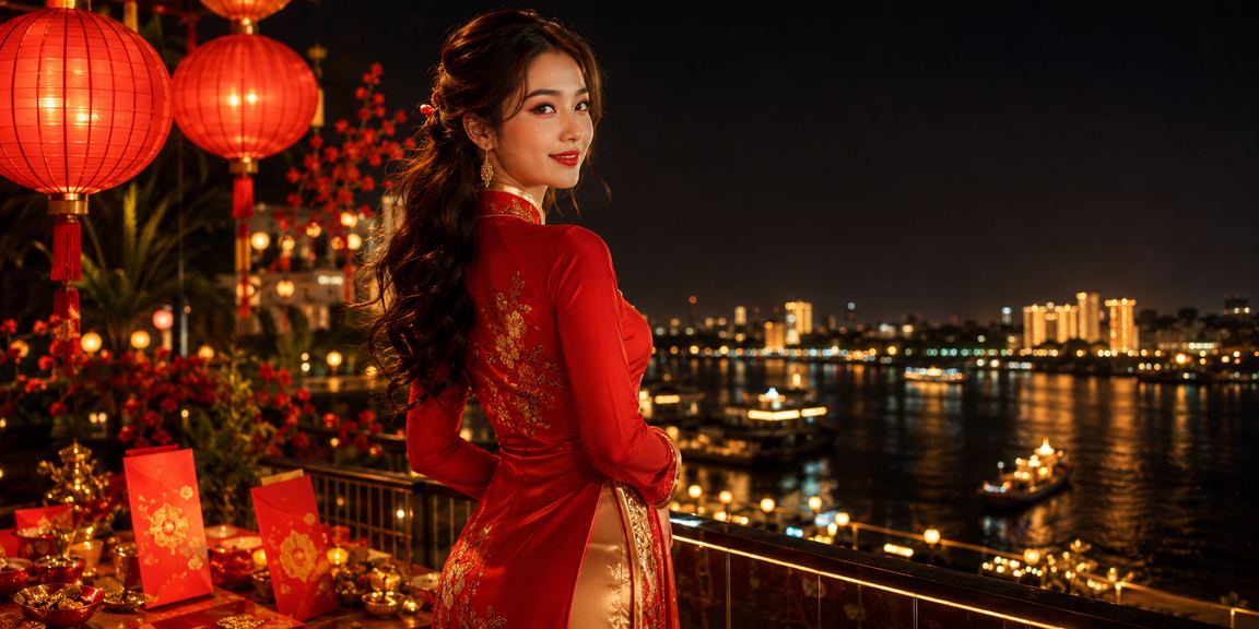 Phong bì đỏ may mắn và áo dài truyền thống tại vùng sông Mekong trong không khí lễ hội bonus
