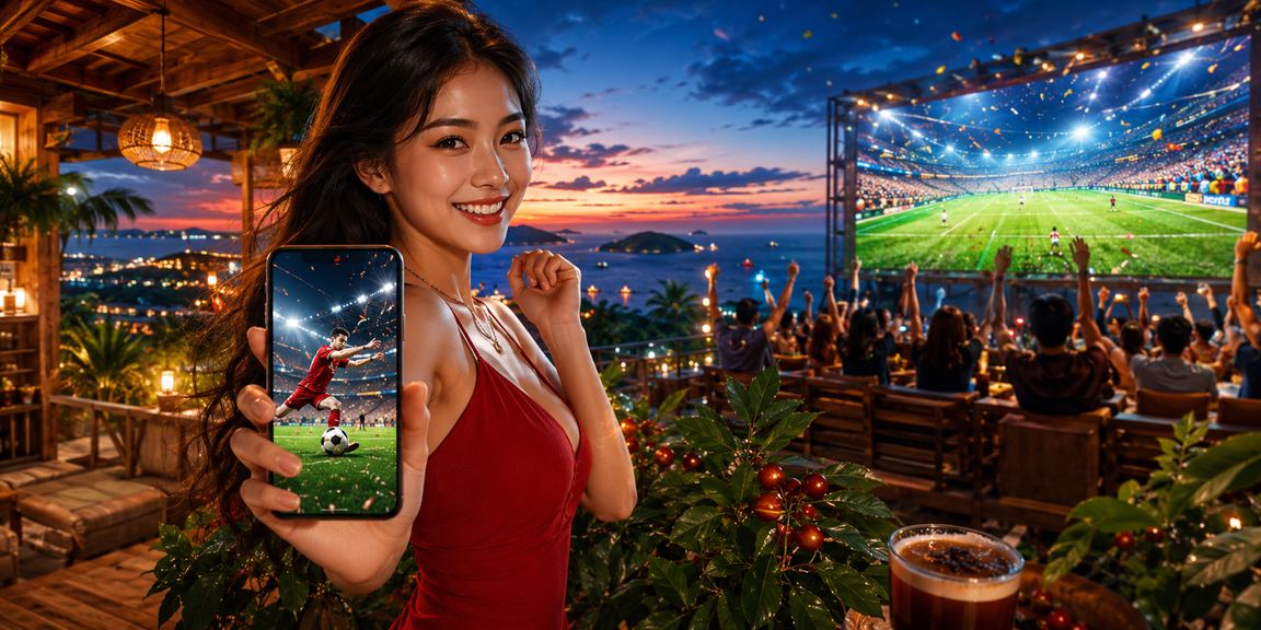 Người dùng tại Phú Quốc truy cập cá cược thể thao trên điện thoại cùng ly cà phê buổi sáng